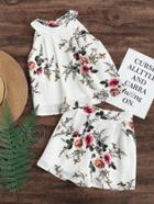 Romwe Flower Print Keyhole Tie Back Pleated Halter Top And Shorts Set