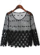 Romwe Floral Crochet Hollow Black Blouse