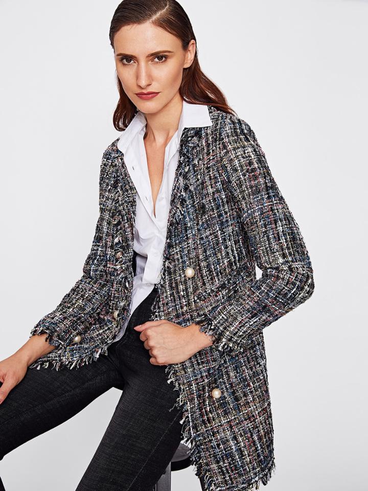 Romwe Frayed Edge Tweed Longline Blazer