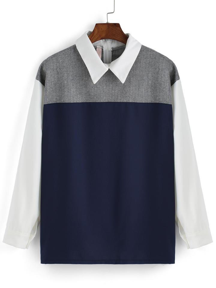 Romwe Color-block Lapel Zigzag Blouse