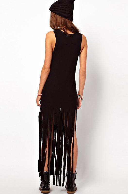 Romwe Hand Print Tassel Tank Dress