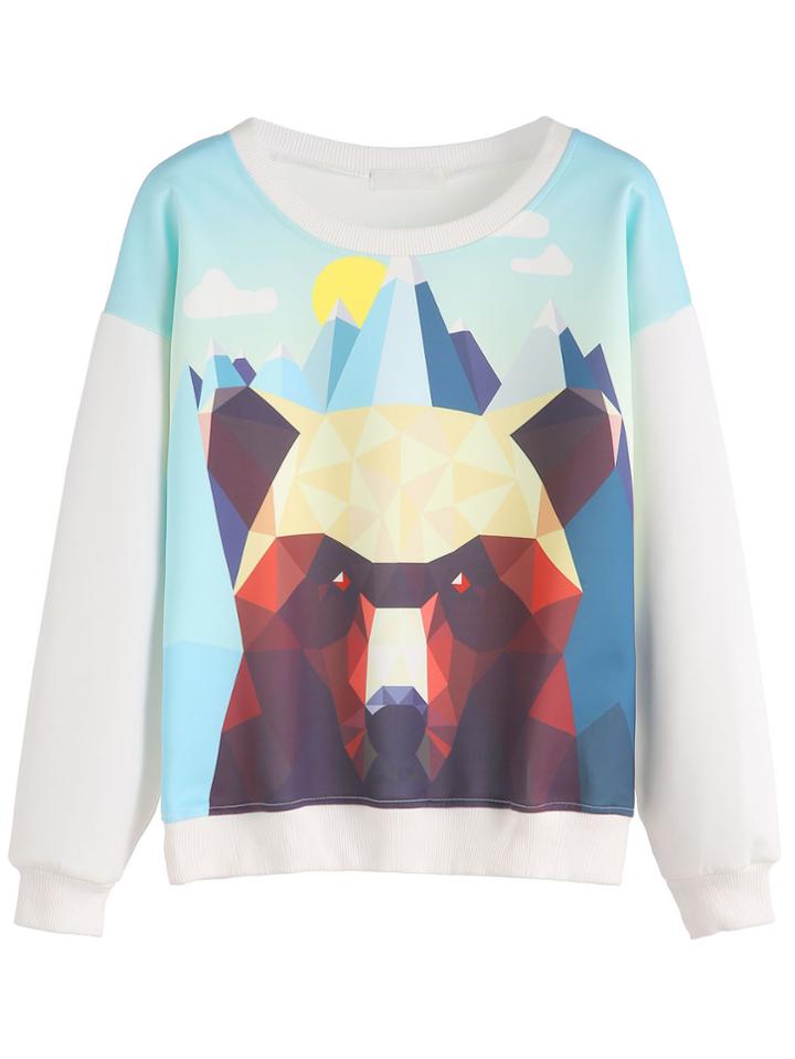 Romwe White Geo Bear Print Sweatshirt