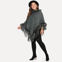 Romwe Plus Contrast Faux Fur Fringe Hem Poncho Jumper