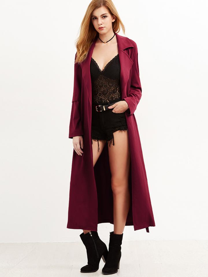 Romwe Burgundy Flap Back Layered Sleeve Wrap Coat