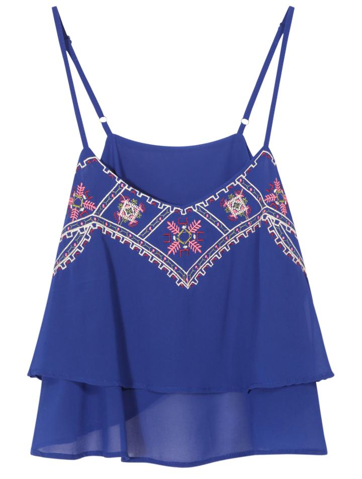 Romwe Spaghetti Strap Embroidered Multilayer Chiffon Vest