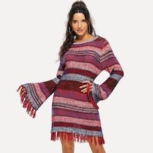 Romwe Trumpet Sleeve Tassel Trim Striped Sweater Dress
