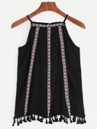 Romwe Embroidery Black Cami Top With Tassel Trim