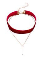 Romwe Burgundy Layered Bar Pendant Velvet Choker Necklace