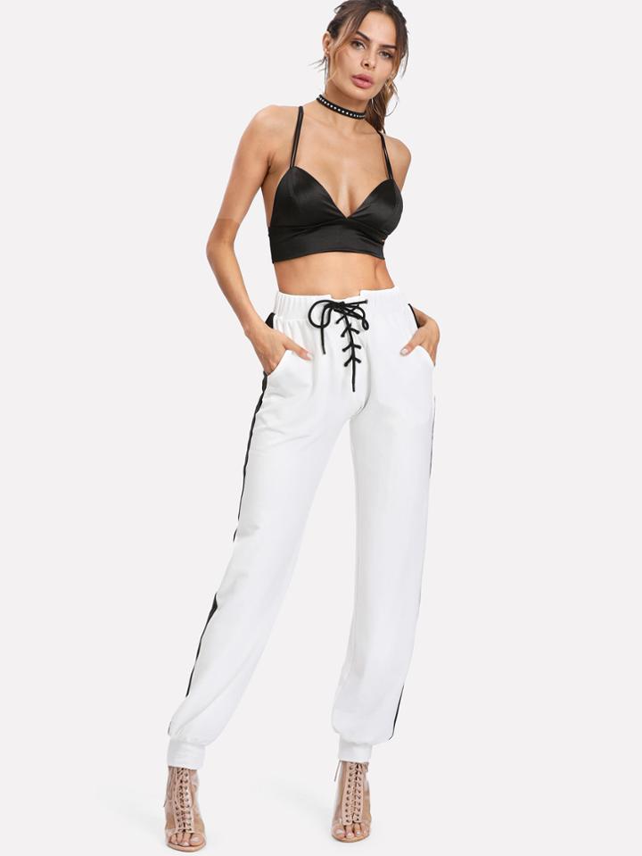 Romwe Lace Up Front Contrast Panel Sweatpants