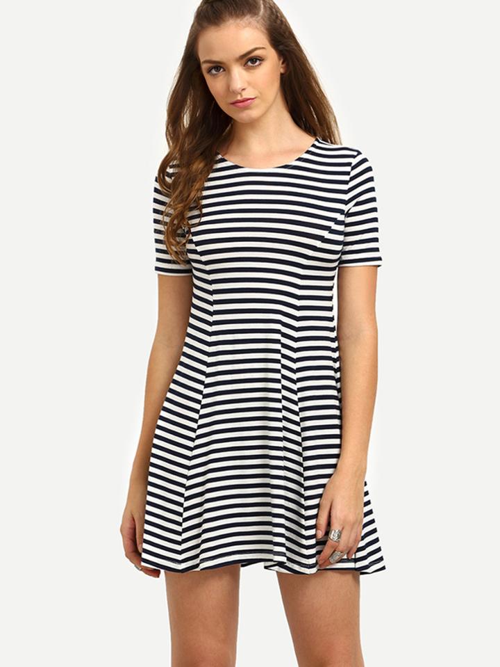 Romwe Black And White Striped Short Sleeve Dress