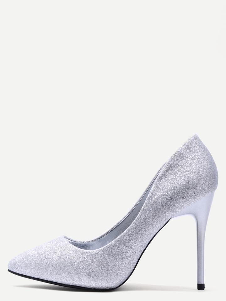 Romwe Silver Glitter Sequin Pointed Stiletto Pumps