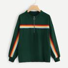 Romwe Plus Quarter Zip Rainbow Striped Sweatshirt