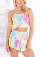 Romwe Multicolor Pastel Tie Dye Print Top With Shorts