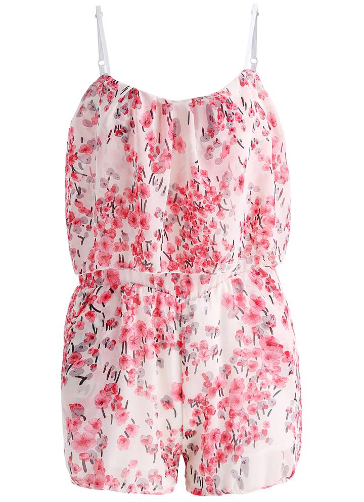 Romwe Spaghetti Strap Florals Chiffon Red Jumpsuit