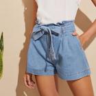 Romwe Paperbag Waist Self Belt Wide Leg Denim Shorts