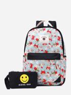 Romwe Black Cartoon Print Front Zipper Canvas Backpack With Clutch