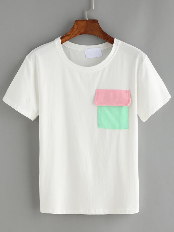 Romwe Contrast Pockets White T-shirt