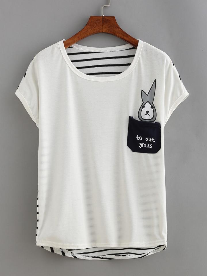 Romwe Bunny Print Striped Back T-shirt