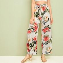 Romwe Large Floral Print Tie Front Wide Leg Pants
