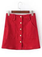 Romwe Red Buttons Front Pockets A-line Skirt