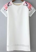 Romwe White Short Sleeve Floral Organza Straight Dress