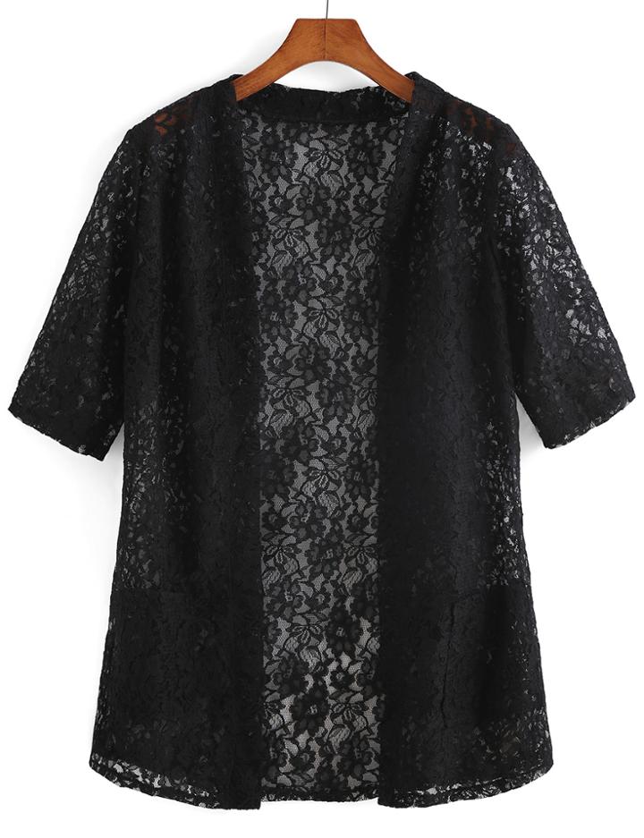 Romwe Short Sleeve With Pockets Lace Black Top