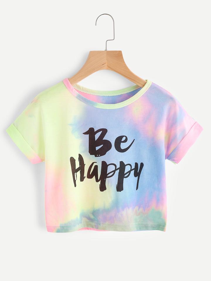 Romwe Water Color Slogan Print Cuffed Tee