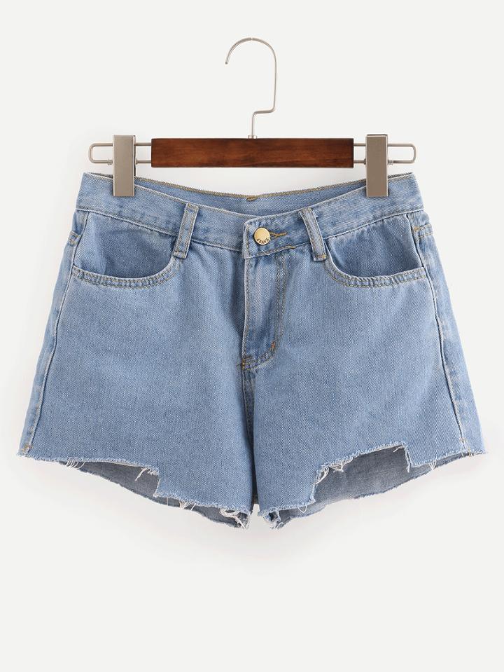Romwe Blue Fringe Denim Shorts