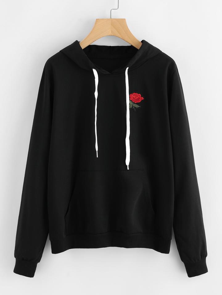 Romwe Rose Embroidered Applique Hoodie
