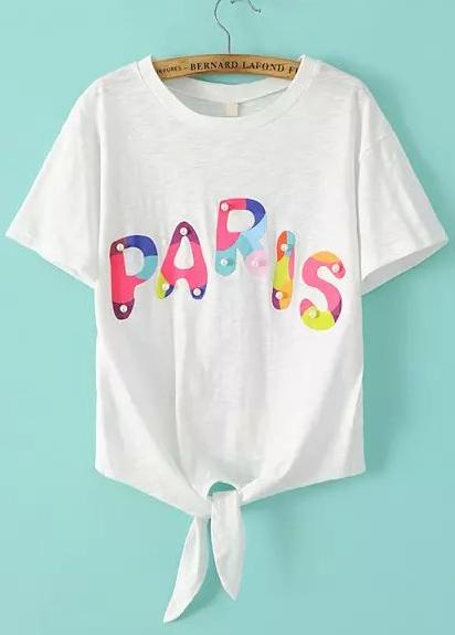 Romwe With Pearl Letter Print Knotted T-shirt
