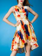 Romwe Orange Round Neck Sleeveless Digital Print High Low Dress