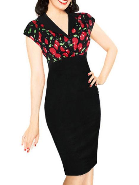 Romwe V Neck Cherry Print Sheath Dress