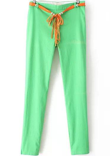 Romwe Bead Belt Slim Green Pant