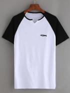 Romwe Black White Color Block Embroidery T-shirt