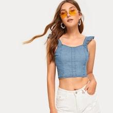Romwe Ruffle Trim Shirred Denim Top