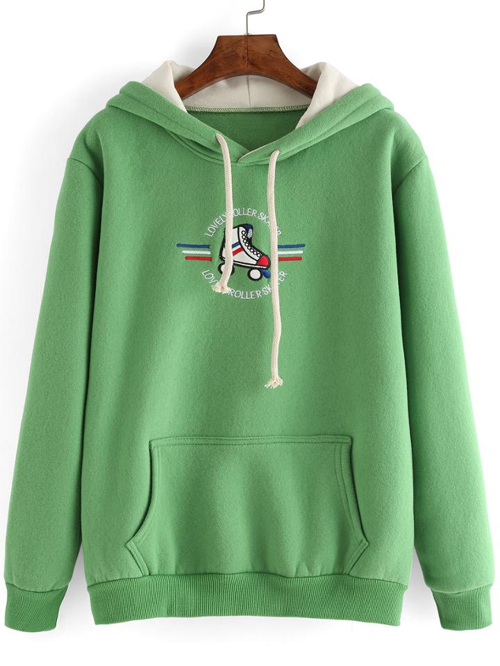 Romwe Hooded Drawstring Letter Pulley Shoes Embroidered Sweatshirt With Pocket
