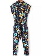 Romwe Navy Lapel Tie-waist Floral Slim Jumpsuit