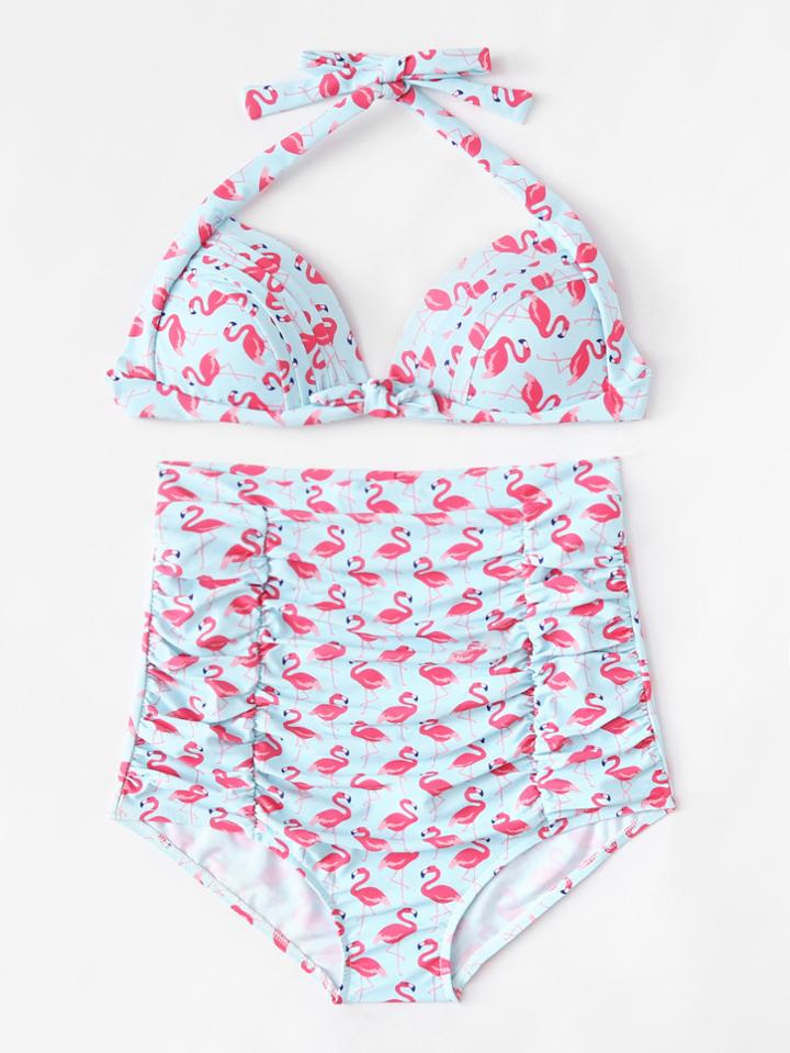 Romwe Flamingo Print Ruched Bikini Set