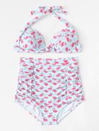 Romwe Flamingo Print Ruched Bikini Set