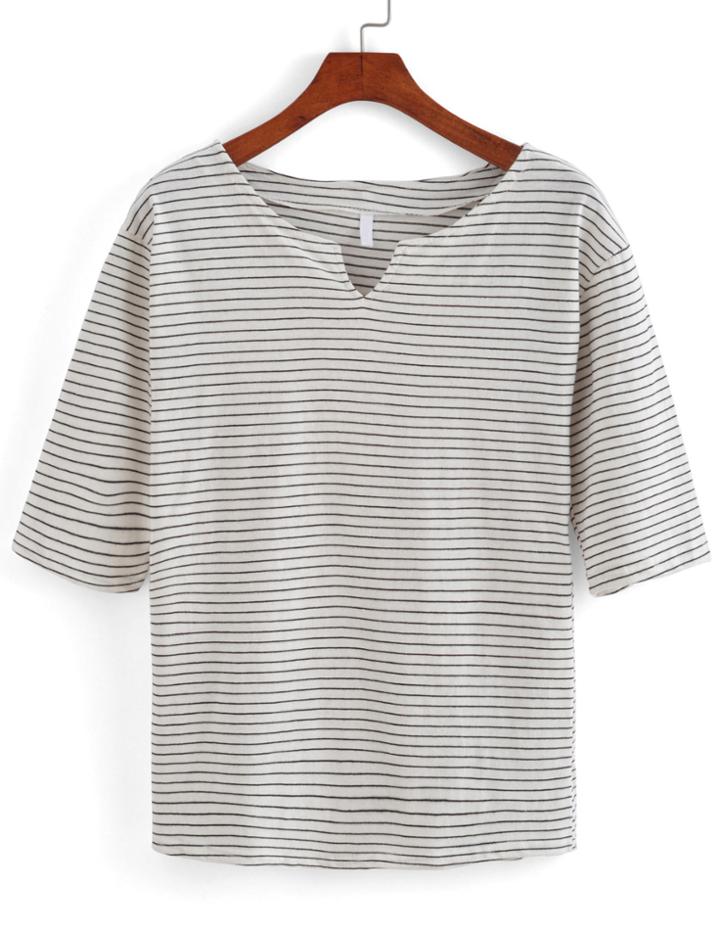 Romwe Half Sleeve V Cut Striped Black T-shirt