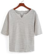 Romwe Half Sleeve V Cut Striped Black T-shirt