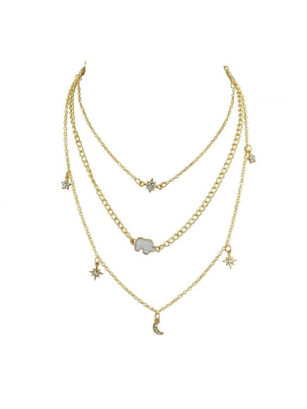 Romwe Gold Multi Layer Chain Necklace Long Chain With Rhinestone Star Moon Elephant Charms Necklace