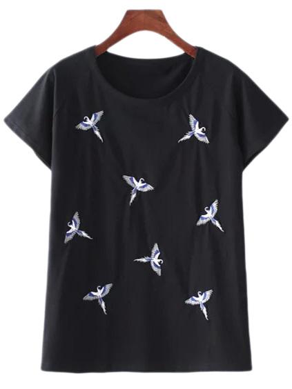 Romwe Black Bird Embroidery Casual T-shirt