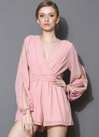 Romwe V Neck Split Sleeve Chiffon Pink Jumpsuit