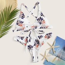 Romwe Random Tropical Criss-cross Self Tie Bikini Set