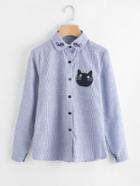 Romwe Vertical Striped Cartoon Cat Embroidery Shirt
