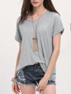 Romwe Grey V-neck Roll Up Cuff Casual T-shirt