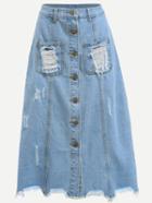 Romwe Blue Buttoned Front Ripped Raw Hem Denim Skirt