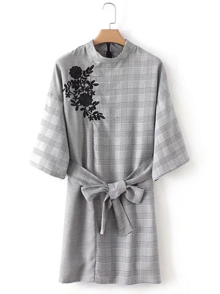 Romwe Embroidery Detail Glen Plaid Dress With Belt