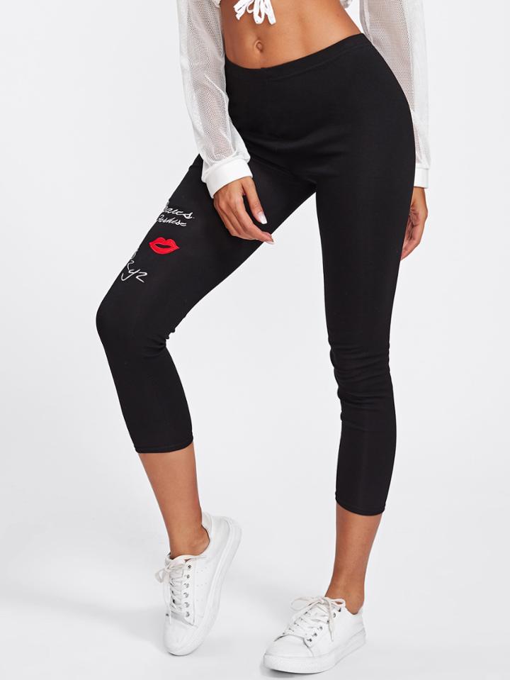 Romwe Graphic Embroidered  Elastic Waist Skinny Leggings